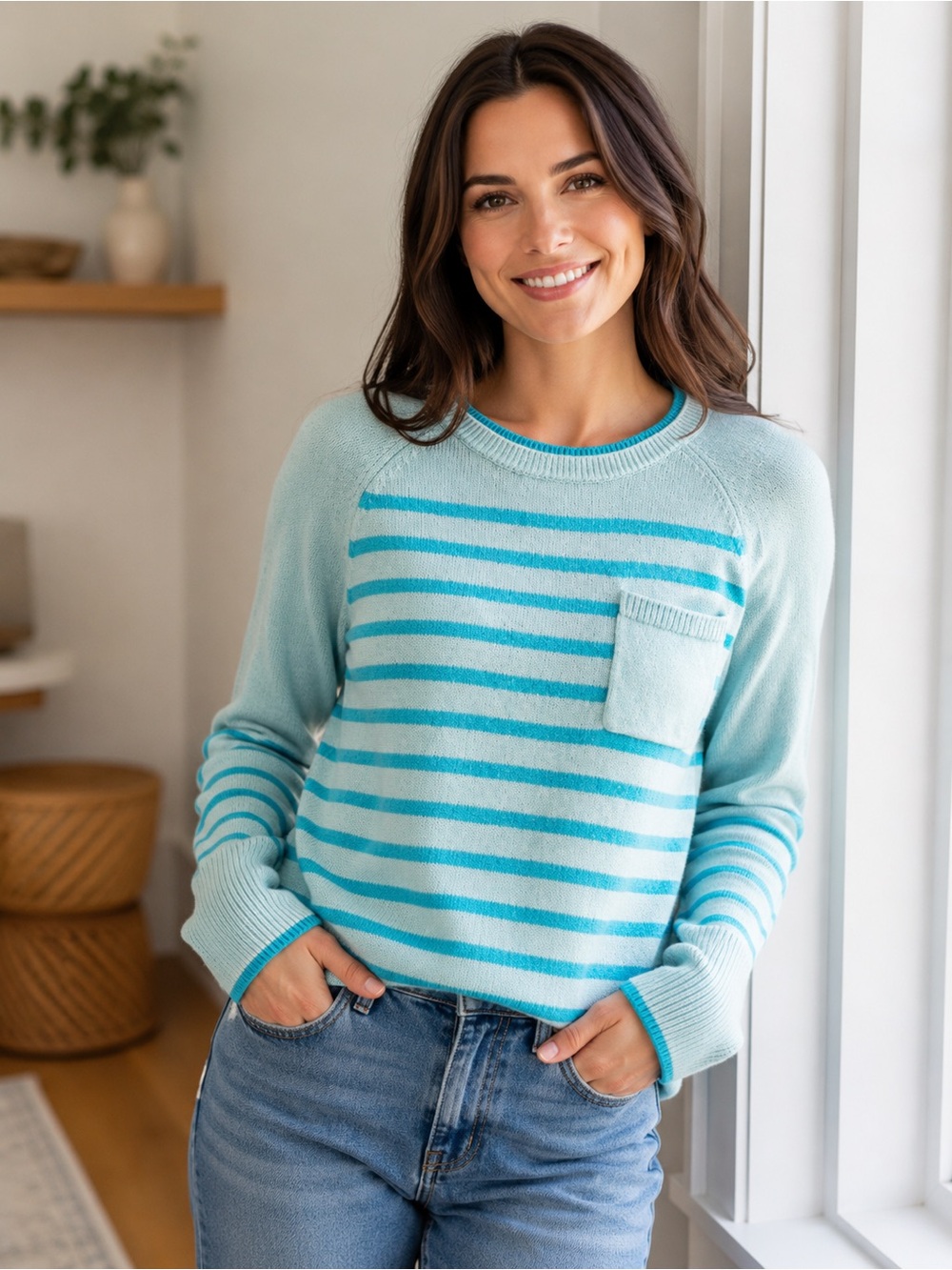 Talbots Light Aqua and Teal Striped Crewneck Sweater